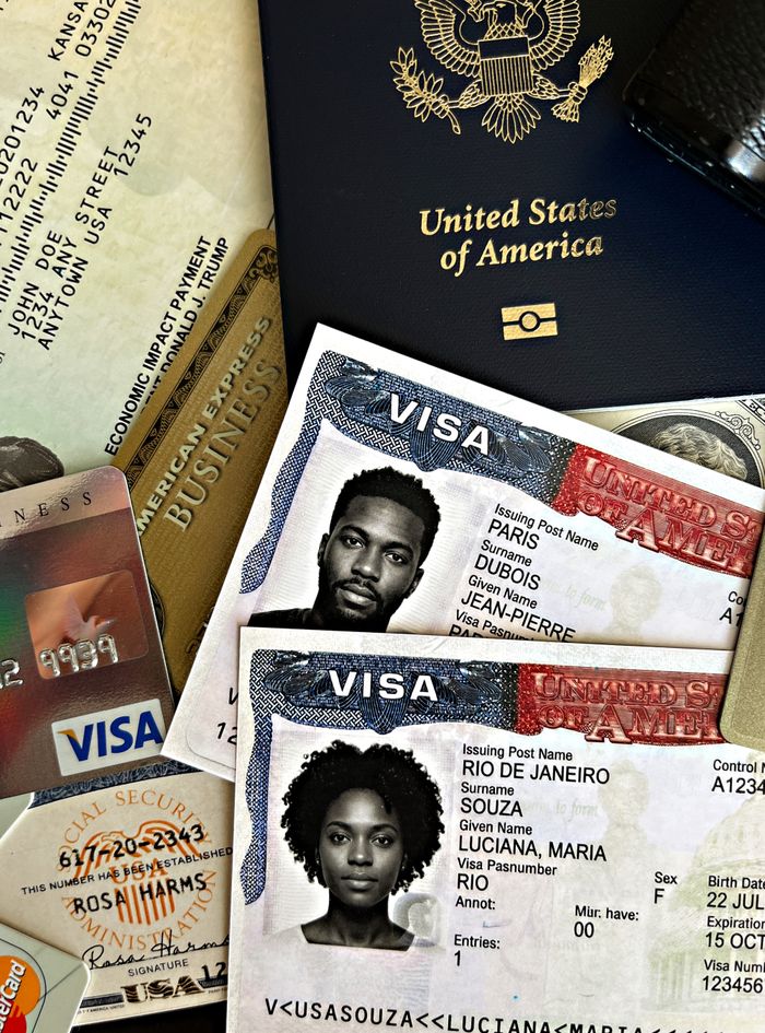 A collection of visas, a passport, green card